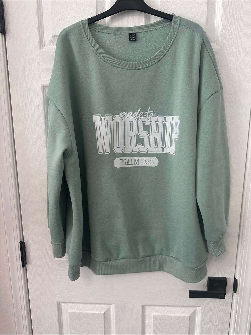 SHEIN Sage Green "Made to Worship" Pullover Sweatshirt